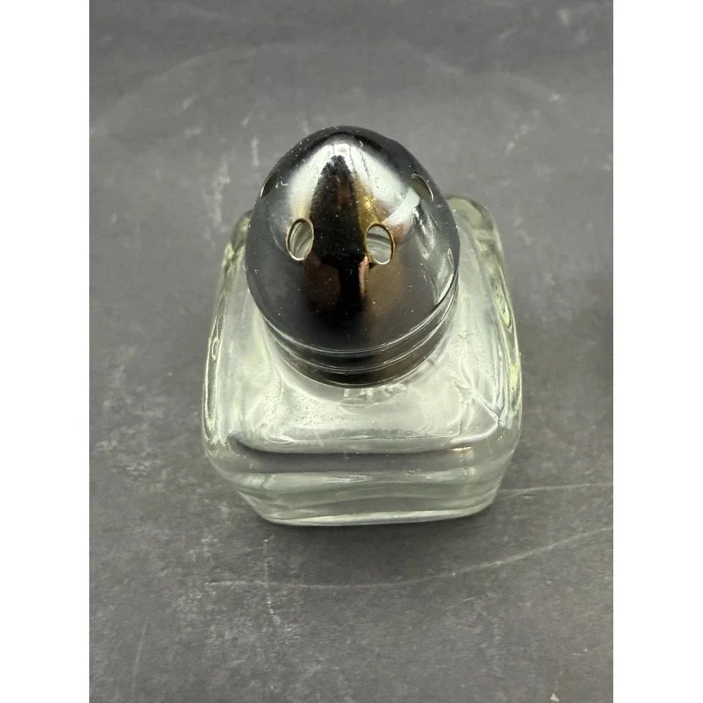 Vintage Clear Glass Salt & Pepper Shakers Square Bottles Chrome Bullet Tops RP